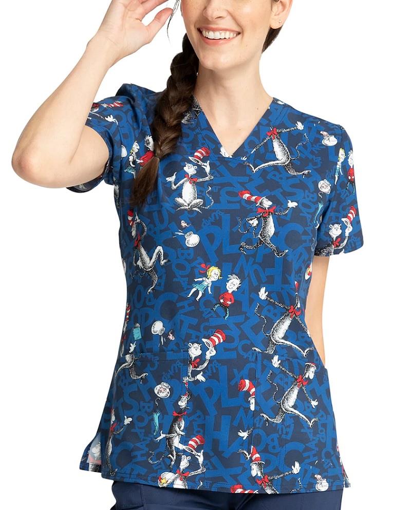 Cherokee Tooniforms V-Neck Printed Top - Womens