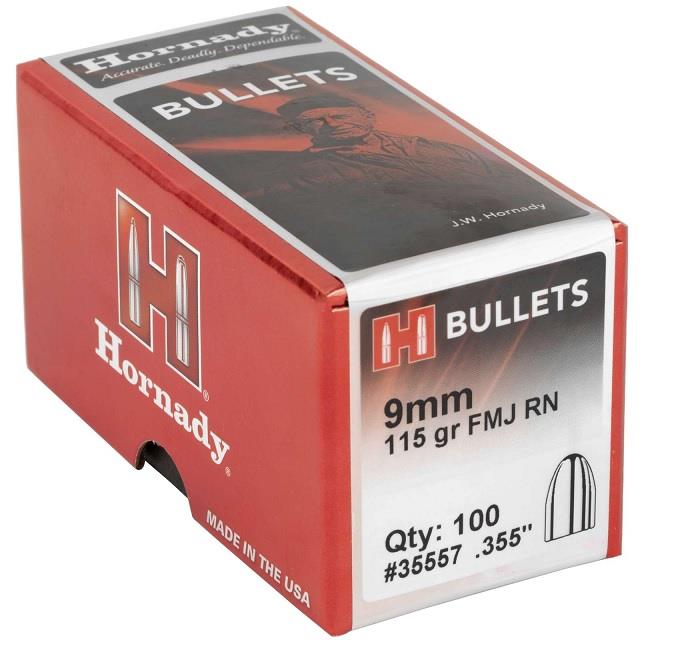 Hornady Bullets 9mm .355 115GR FMJ RN - 100 QTY