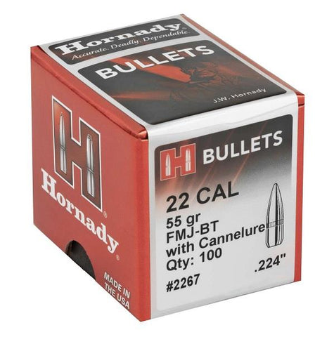 Hornady Bullets .22 Cal .224'' 55 Gr FMJ-BT - 100 Qty